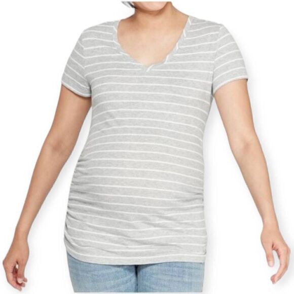 ISABEL MATERNITY BY INGRID & ISABEL GRAY & WHITE STRIPE V-NECK T-SHIRT SZ.L NWT - Picture 1 of 8